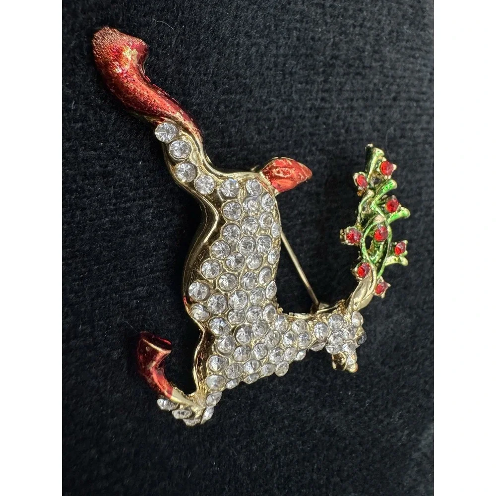 Christmas Reindeer Brooch Rhinestone Pave Gold Tone Red Enamel Holly Pin - Picture 8 of 10